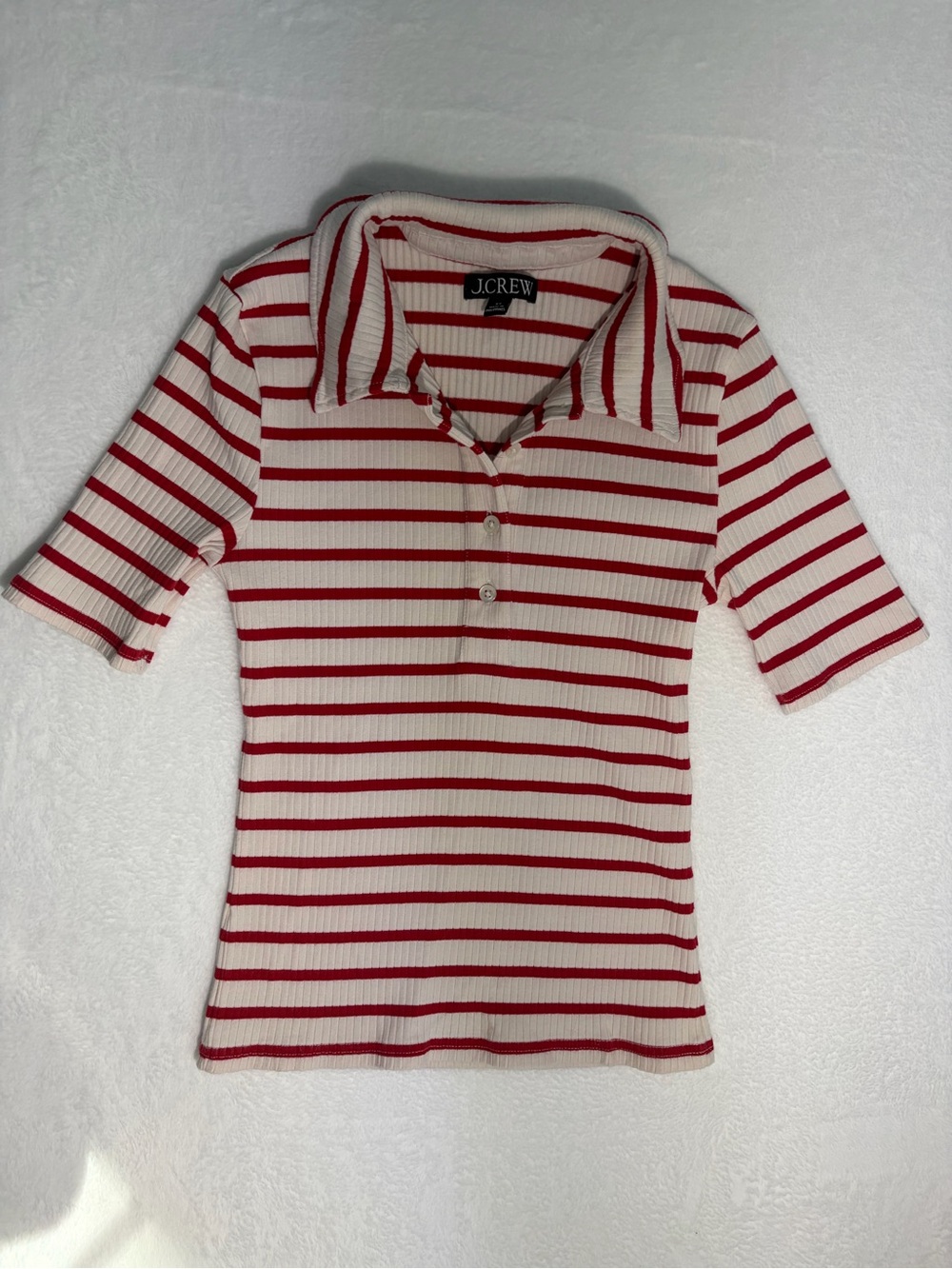 J. Crew Red & White Striped Ribbed Polo Top